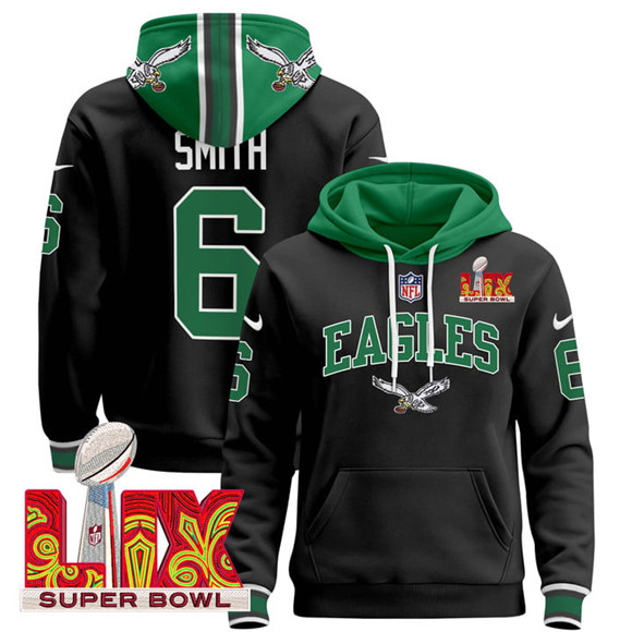 Men's Black Philadelphia Eagles #6 DeVonta Smith 2025 Super Bowl LIX Patch Pullover Stitched Hoodie